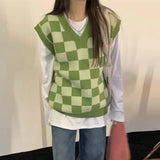 dti outfits Japanese and Korean Style Black and White Chessboard Plaid Knitted Vest Women's Early Autumn New Korean Style Loose All-Match Sweater Coat Top