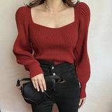 Lanfubeisi business casual outfits Bottoming Shirt Lantern Sleeve Short Pullover Sweater Top Women's Style Autumn and Winter French Niche Square Collar Sweater Women