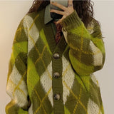 non binary outfits American Retro New Autumn and Winter Loose Green Rhombus Sweater Cardigan Coat Thickened Lazy Sweater for Women