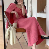 comfy school outfits Autumn and Winter Wear Two-Piece Women's Korean-Style Elegant Bottoming Knitted Dress + Lazy Sweater Coat Lace-up Top