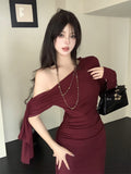 fall outfits Wine Red Ribbon Shoulder Long Sleeve Dress Women's Autumn Slim Irregular Skirt Tight Waist Sheath Dress