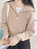 outfit Korean-Style Lady Elegant Solid Color Simple Zipper Long-Sleeved Sweater Autumn Warm Top Fashion Casual Western Style All-Matching