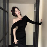 fall outfits Wine Red Ribbon Shoulder Long Sleeve Dress Women's Autumn Slim Irregular Skirt Tight Waist Sheath Dress