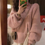 Lanfubeisi fall outfits women Gentle Pink V-neck Sweater Cardigan Women's Loose Sweet Knitted Lazy Style Coat