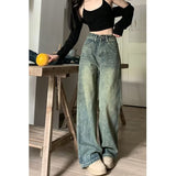 Lanfubeisi outfit inspo Light Color Washed Distressed Straight Jeans Women's Autumn American High Street Small High Waist Loose Mop Wide Leg Pants