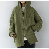 outfit inspo Retro Green Horn Buckle Twist Sweater Coat for Women Spring and Autumn Loose Lazy Hooded Knitted Cardigan Thickened Upper