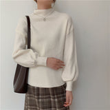 fall fashion 2024 New Bottoming Half Turtleneck Solid Color Lantern Sleeve Korean Style Knitted Sweater Top for Women