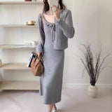 comfy school outfits Autumn and Winter Wear Two-Piece Women's Korean-Style Elegant Bottoming Knitted Dress + Lazy Sweater Coat Lace-up Top