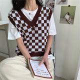 fall outfits black women 2024 Early Autumn New Slimming Chessboard Plaid Sweater V-neck Vest Loose Stacked Outer Sleeveless Vest for Women Fashion