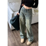 outfit inspo Light Color Washed Distressed Straight Jeans Women's Autumn American High Street Small High Waist Loose Mop Wide Leg Pants