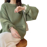 fall wardrobe capsule Green Japanese Retro round Neck Knitted Sweater Women's Autumn and Winter New Top Gentle Lazy Style Loose Sweater