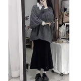 fall winery outfits Korean Style Lazy Style V-neck Sweater Retro Warm Loose Spring and Autumn Winter Gentle Style Pullover Skirt Two-Piece Set