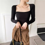 casual outfits Paper People Autumn Elegant French Retro Square Collar Open Collarbone Slim Slimming Sweater Inner Top