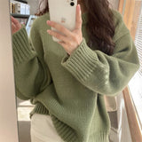 fall wardrobe capsule Green Japanese Retro round Neck Knitted Sweater Women's Autumn and Winter New Top Gentle Lazy Style Loose Sweater