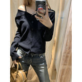 trending fall outfits Fall Korean-Style off-Neck Long-Sleeved Sweater Two-Way Slim-Fit Slimming Lapel off-Shoulder Top