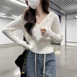 Lanfubeisi casual outfits Autumn Women's Mishen * Hooded Twist Sweater Women's Autumn Short V-neck Tight Waist Sweater Pullover Top