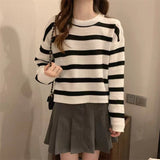 Lanfubeisi joker costume female outfit round Neck Striped Knitted Bottoming Shirt Sweater Women's Autumn and Winter Fashion Japanese Style Lazy Style Loose Pullover Top