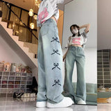 outfit ideas for school Women's Bowknot Embroidered Light-Colored Jeans Summer New Loose Straight Wide-Leg Mop Long Pants