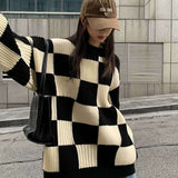 fall outfits aesthetic Chessboard Plaid Sweater for Women 2024 Autumn and Winter New Design Sense Niche Top Retro Japanese Style Lazy Style Sweater