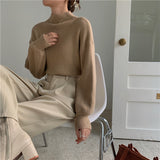 fall fashion 2024 New Bottoming Half Turtleneck Solid Color Lantern Sleeve Korean Style Knitted Sweater Top for Women