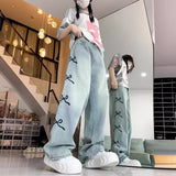 Lanfubeisi outfit ideas for school Women's Bowknot Embroidered Light-Colored Jeans Summer New Loose Straight Wide-Leg Mop Long Pants