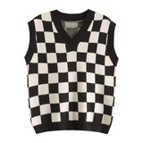 dti outfits Japanese and Korean Style Black and White Chessboard Plaid Knitted Vest Women's Early Autumn New Korean Style Loose All-Match Sweater Coat Top