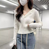 casual outfits Autumn Women's Mishen * Hooded Twist Sweater Women's Autumn Short V-neck Tight Waist Sweater Pullover Top