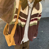 college outfits Soft Glutinous Vintage Twist Striped Zipper Sweater Cardigan Women's Autumn Loose Long Sleeve Lapel Sweater Coat