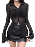 fashion outfits Sexy See-through Mesh Blouse Long-Sleeved Shirt Women's Spring and Summer Fashion Waist-Tight Split Top