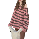 fall outfits women aesthetic Autumn and Winter New Retro Striped off-Neck Sweater Loose Lazy Style Age-Reducing Versatile Pullover Sweater for Women