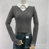 casual outfits Preppy Style Twist Stitching Shirt Collar Fake Two Pieces Autumn New Knitwear Sweater Coat Top for Women