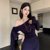 fall outfits Wine Red Ribbon Shoulder Long Sleeve Dress Women's Autumn Slim Irregular Skirt Tight Waist Sheath Dress