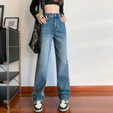 Autumn Straight Pants Jeans Women's Elastic High Waist Slimming Washed Light Blue Pipe Pants Slim Fit