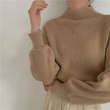 fall fashion 2024 New Bottoming Half Turtleneck Solid Color Lantern Sleeve Korean Style Knitted Sweater Top for Women