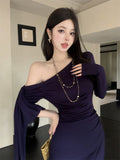 fall outfits Wine Red Ribbon Shoulder Long Sleeve Dress Women's Autumn Slim Irregular Skirt Tight Waist Sheath Dress