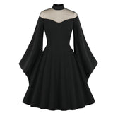 dress to impress retro glamour New Halloween Black Queen Mesh Bell Sleeve Stitching Retro Dress