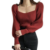 business casual outfits Bottoming Shirt Lantern Sleeve Short Pullover Sweater Top Women's Style Autumn and Winter French Niche Square Collar Sweater Women