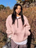 tailgate outfit black women Knitted Lambswool Pullover Sweater Autumn and Winter Half Open Collar Pink Loose Commuter Beauty