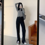 grunge dti Black and Gray Straight Split Jeans for Women Spring New High Waist Slimming Loose BF Style Mop Wide Leg Pants Fashion