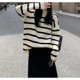 joker costume female outfit Autumn and Winter Korean Style Lazy Style Contrast Color Black and White Striped Loose Casual Knitted Top Sweater for Women