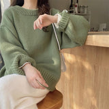 fall wardrobe capsule Green Japanese Retro round Neck Knitted Sweater Women's Autumn and Winter New Top Gentle Lazy Style Loose Sweater