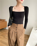 casual outfits Paper People Autumn Elegant French Retro Square Collar Open Collarbone Slim Slimming Sweater Inner Top