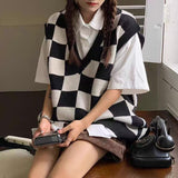 dti outfits Autumn and Winter Preppy Style All-Match Chessboard Plaid Sweater Vest Female Students Korean Style Loose Sleeveless Vest Knitted Outer Wear