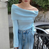 trending fall outfits Milk Soft Blue off-Shoulder Sweater Women's Spring and Autumn off-Shoulder Large Lapel Bottoming Shirt Slim Slimming Long Sleeve Sweater