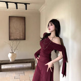 fall outfits Wine Red Ribbon Shoulder Long Sleeve Dress Women's Autumn Slim Irregular Skirt Tight Waist Sheath Dress