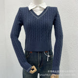 casual outfits Preppy Style Twist Stitching Shirt Collar Fake Two Pieces Autumn New Knitwear Sweater Coat Top for Women