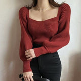 business casual outfits Bottoming Shirt Lantern Sleeve Short Pullover Sweater Top Women's Style Autumn and Winter French Niche Square Collar Sweater Women