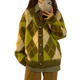 non binary outfits American Retro New Autumn and Winter Loose Green Rhombus Sweater Cardigan Coat Thickened Lazy Sweater for Women