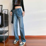 Autumn Straight Pants Jeans Women's Elastic High Waist Slimming Washed Light Blue Pipe Pants Slim Fit