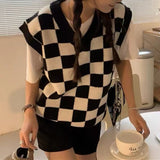 dti outfits Japanese and Korean Style Black and White Chessboard Plaid Knitted Vest Women's Early Autumn New Korean Style Loose All-Match Sweater Coat Top